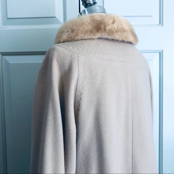 Vintage Cashmere Mink Fur Collar Pockets Coat Jacket Beige Size Large - Picture 6 of 16